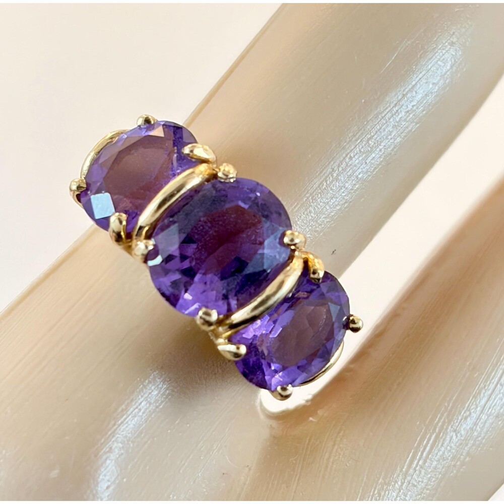 Amethyst Ring, 14K, Yellow Gold, Three Stone, Vintage, Deep Purple, Size 7